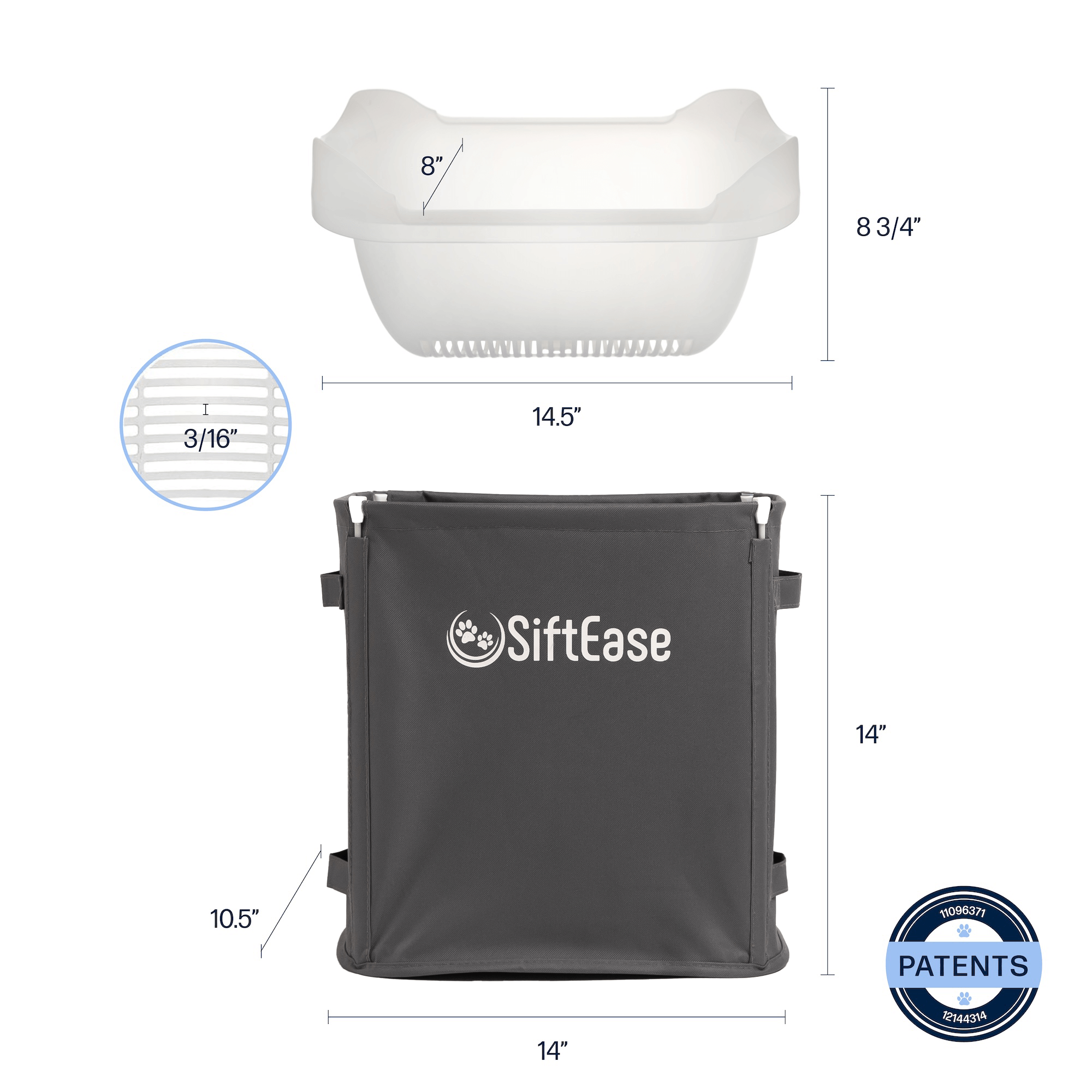 SiftEase litter box cleaner dimensions include big capacity 10.5 inch wide by 14 inch tall litter bin and 14.5 inch wide by 8 inch deep litter sifting basket tray