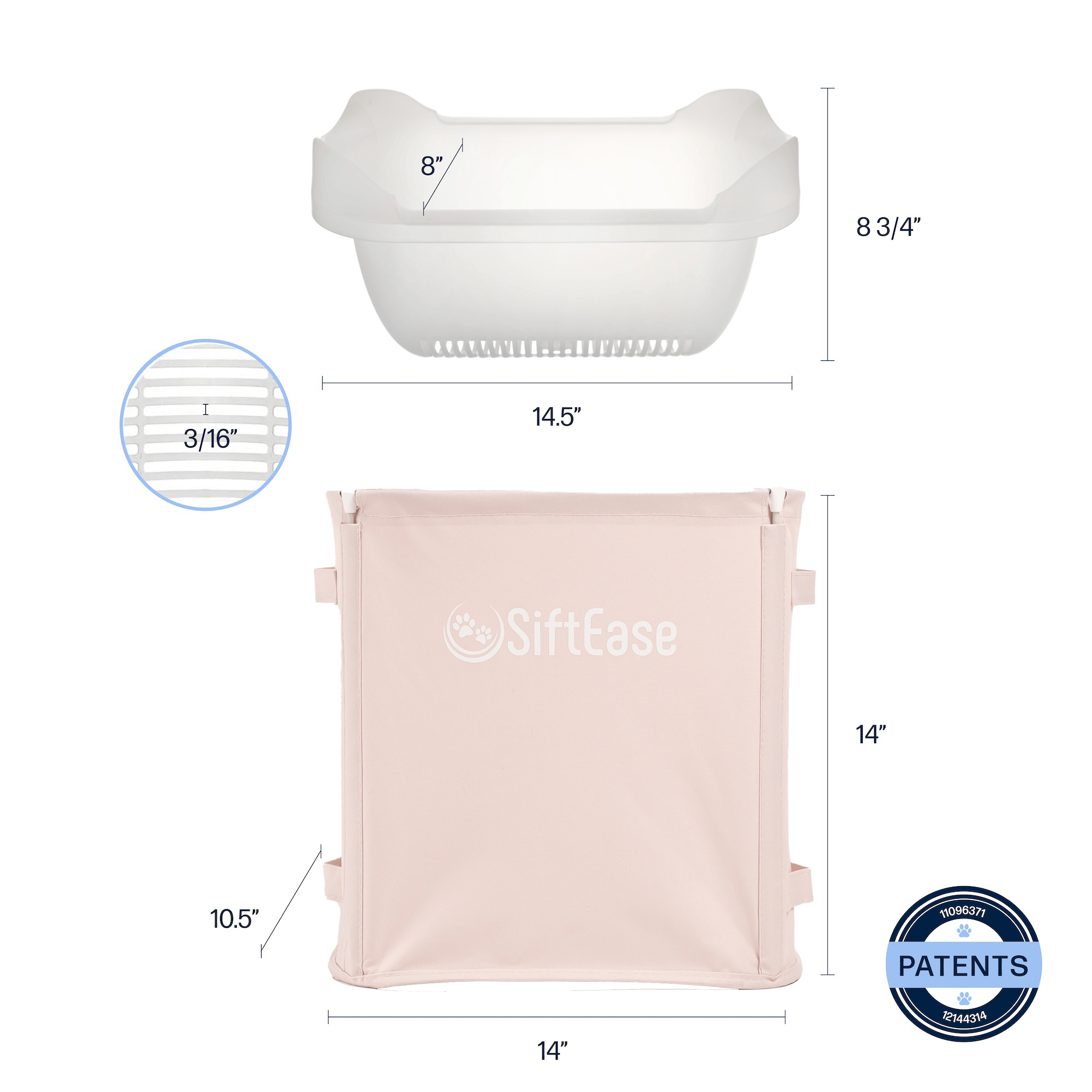 SiftEase litter box cleaner dimensions include big capacity 10.5 inch wide by 14 inch tall litter bin and 14.5 inch wide by 8 inch deep litter sifting basket tray
