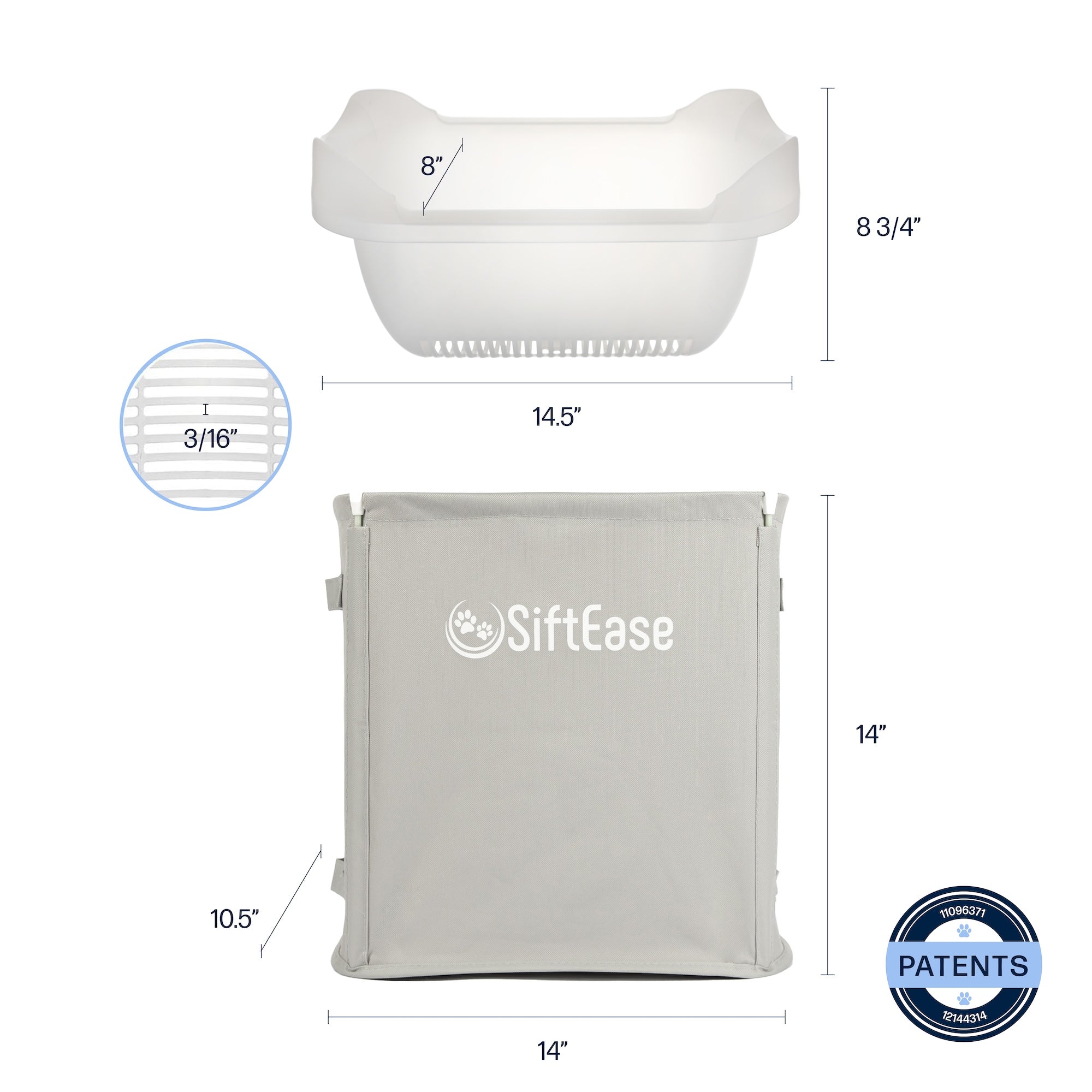 SiftEase litter box cleaner dimensions include big capacity 10.5 inch wide by 14 inch tall litter bin and 14.5 inch wide by 8 inch deep litter sifting basket tray