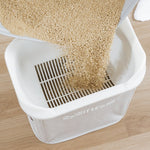 This kitty litter sifter is designed with a hight sided sifting tray to sift an entire litter box in one pour.