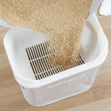 This kitty litter sifter is designed with a hight sided sifting tray to sift an entire litter box in one pour.