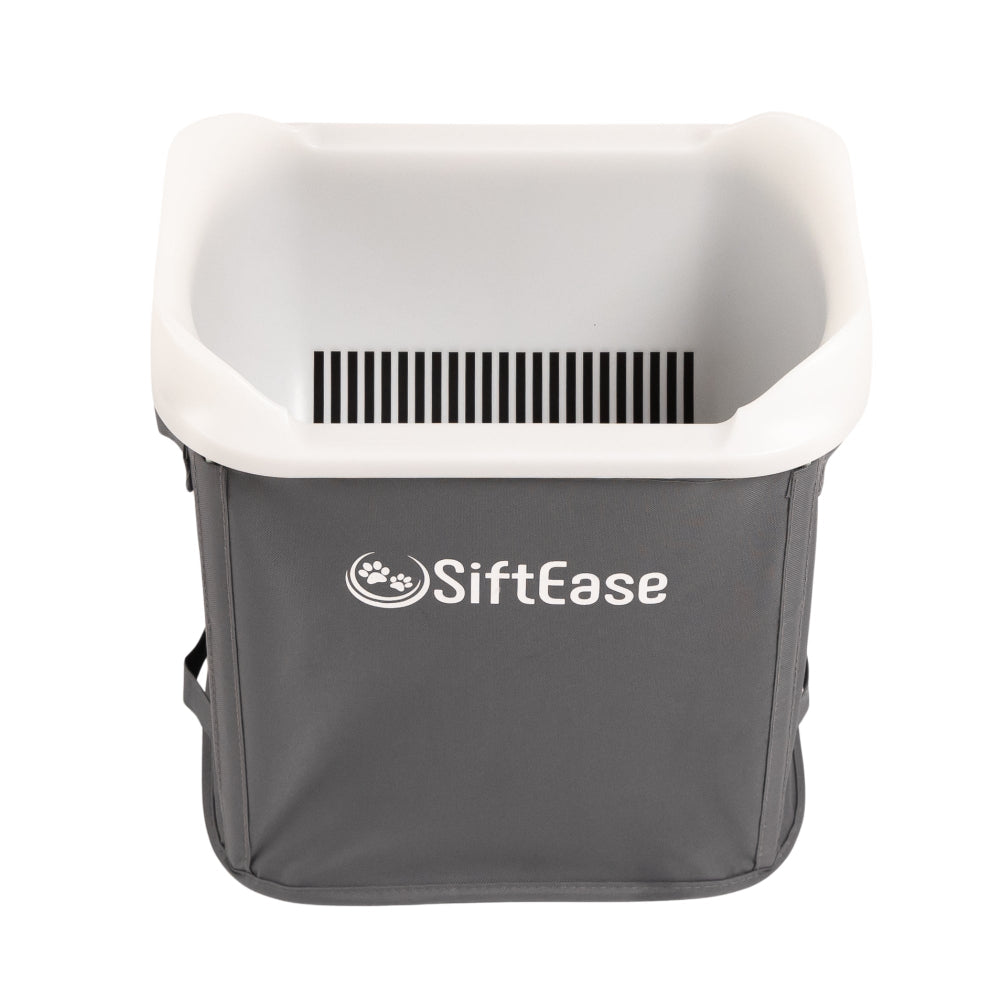 SiftEase cat litter sifter in dark grey bin shown on a white background, faster cleaner alternative to sifting litter boxes
