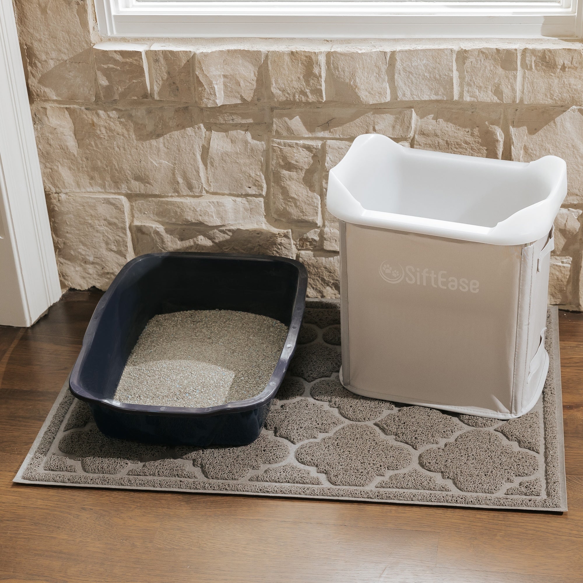 Siftease litter sift cleaning system pairs with litter mat and any litter box your cat prefers